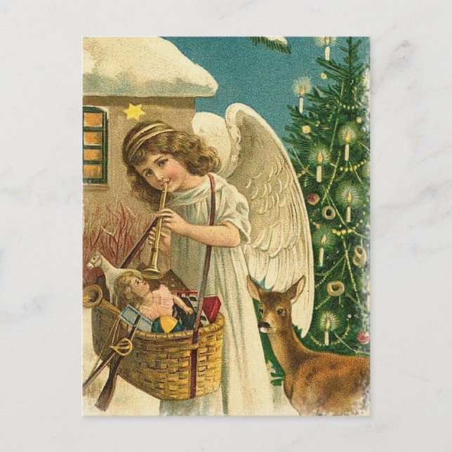 Vintager Gestaltungsangel, Hirsch und Weihnachtsba Feiertagspostkarte (Vorderseite)