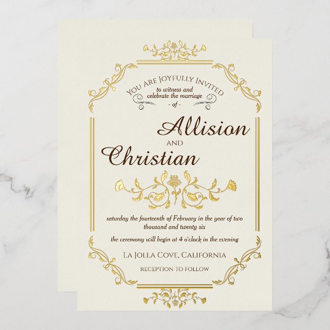 Vintager Glam Wedding Gold Foil Einladung (Vorderseite/Rückseite)