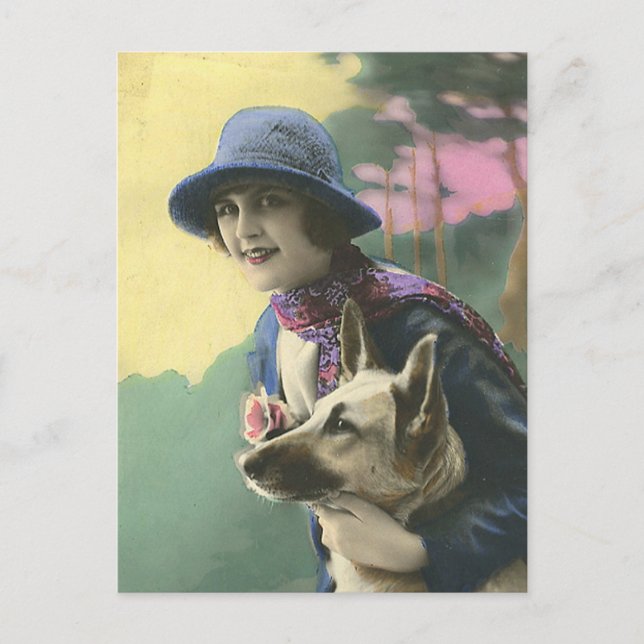 Vintager Glamour Girl und Deutsche Shepard Postkarte (Vorderseite)