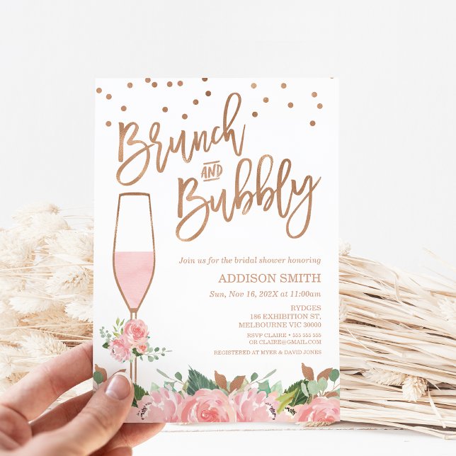 Vintager Glasbrunch Bubbly Floral Brautparty Einladung (Brunch and Bubbly Bridal Shower Invitation Blush Floral Champagne Glass Bridal Shower Invite)