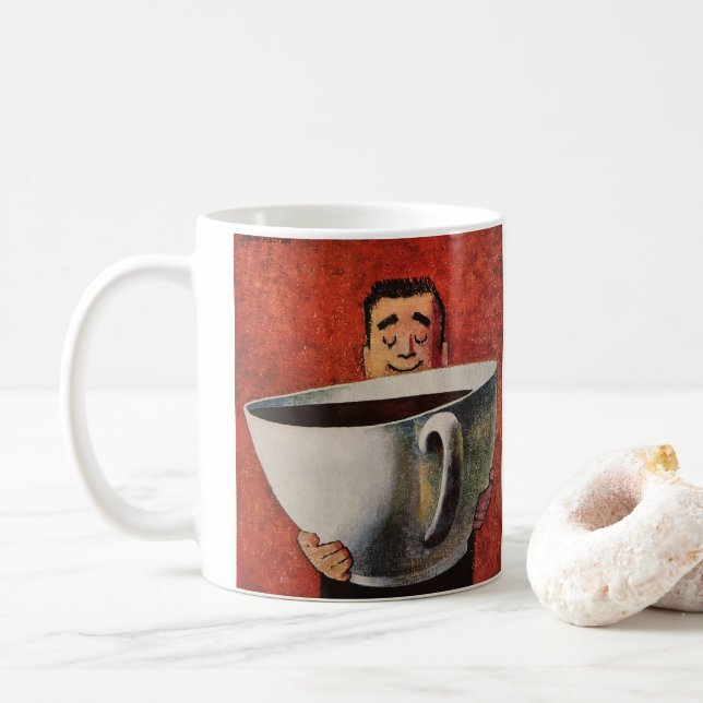 Vintager glücklicher Mensch trinkt Riesencup Kaffe Kaffeetasse (Mit Donut)