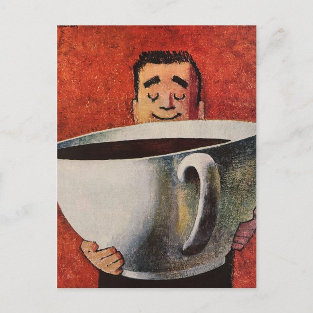 Vintager glücklicher Mensch trinkt Riesencup Kaffe Postkarte (Vorderseite)
