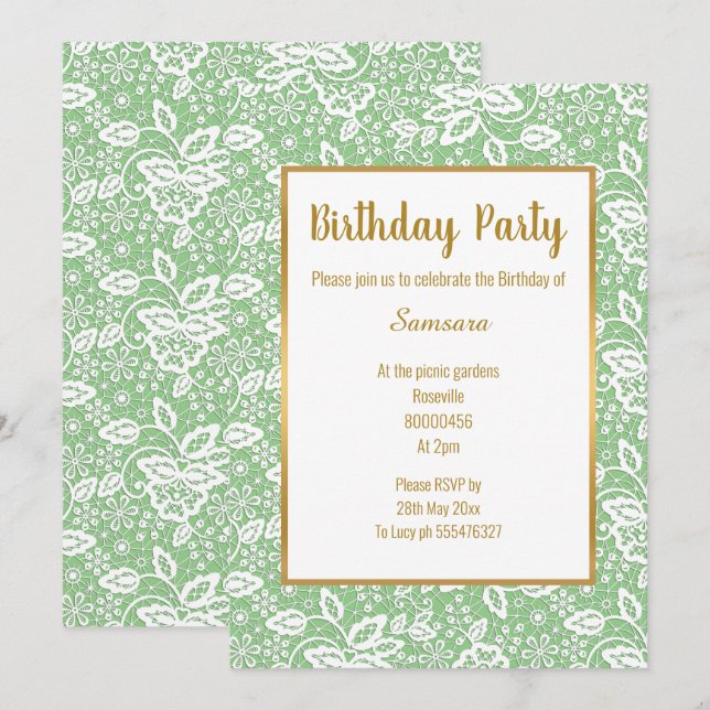 VINTAGER GOLD-JEDEN ANLASS GREEN WHITE LACE EINLADUNG (Vorne/Hinten)