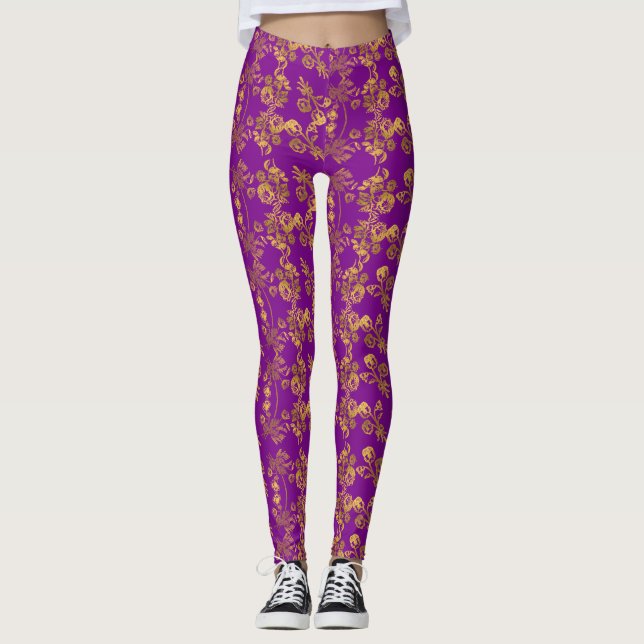 Vintager Goldener Blumendruck auf lila Leggings (Vorderseite)