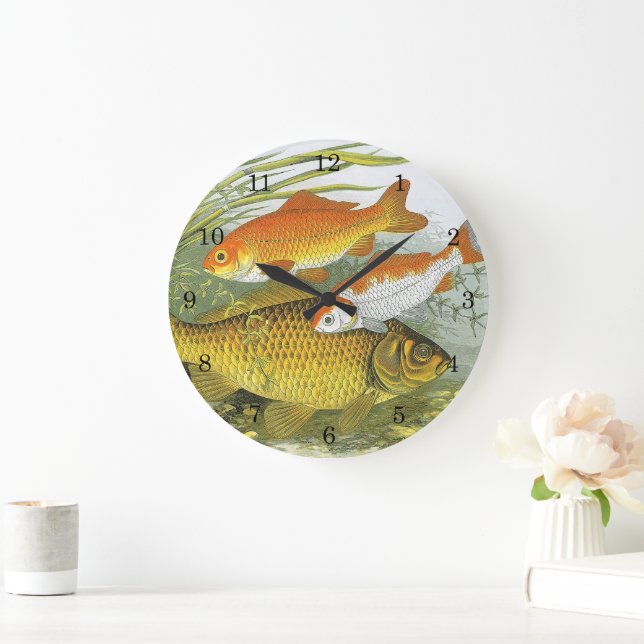 Vintager Goldfish Koi Fisch, Meeresaquatische See  Große Wanduhr (Zuhause)