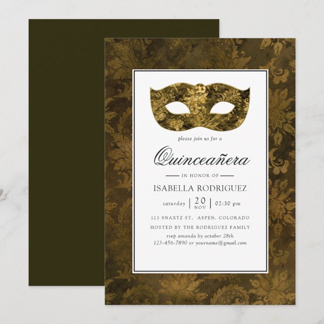 Vintager Goldmasquerade Damask Quinceañera Einladung (Vorne/Hinten)