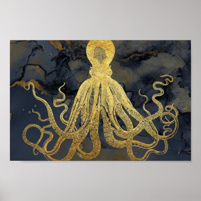 Vintager Goldschwarzer Oktopus Tinte Wasserfarbe Poster (Vorne)