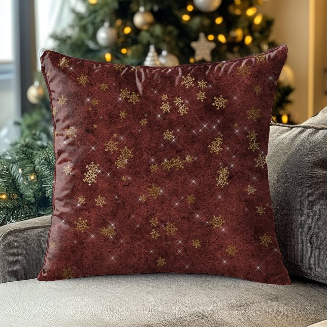 Vintager Goldsparkle Burgund Weihnachts-Schneefloc Kissen (Von Creator hochgeladen)