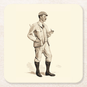 Vintager Golfer mit Tabakpfeifen und Stiefeln Rechteckiger Pappuntersetzer