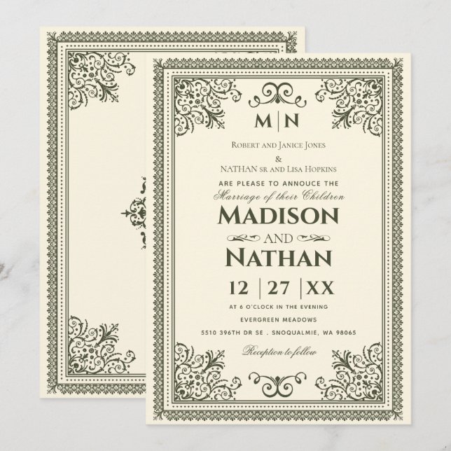 Vintager gotischer Olivenbaum Viktorianischer Hoch Einladung (Vorne/Hinten)