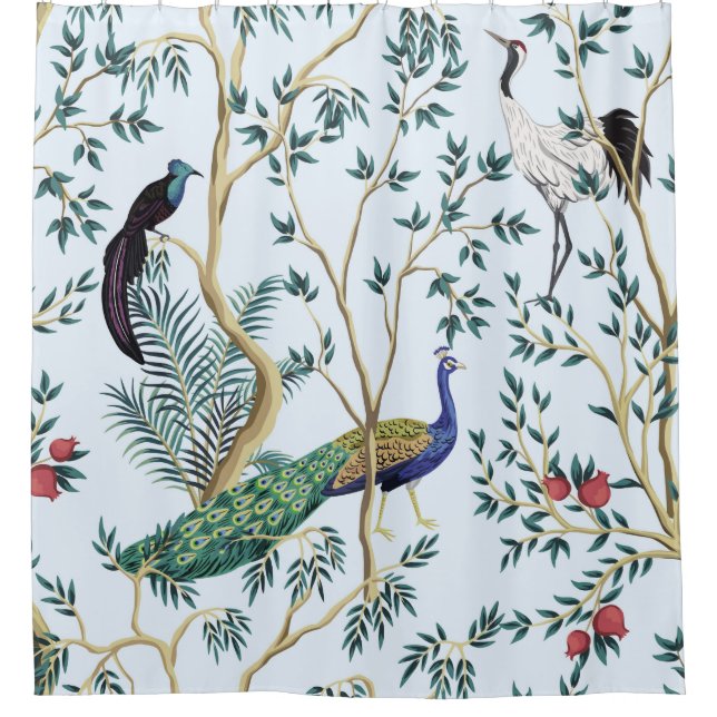 Vintager Granatapfelfruchtbaum, exotischer Vogel Duschvorhang (Vorderseite)