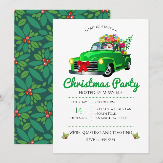 Vintager Grüner LKW, Baum & Weihnachten Einladung (Vorne/Hinten)