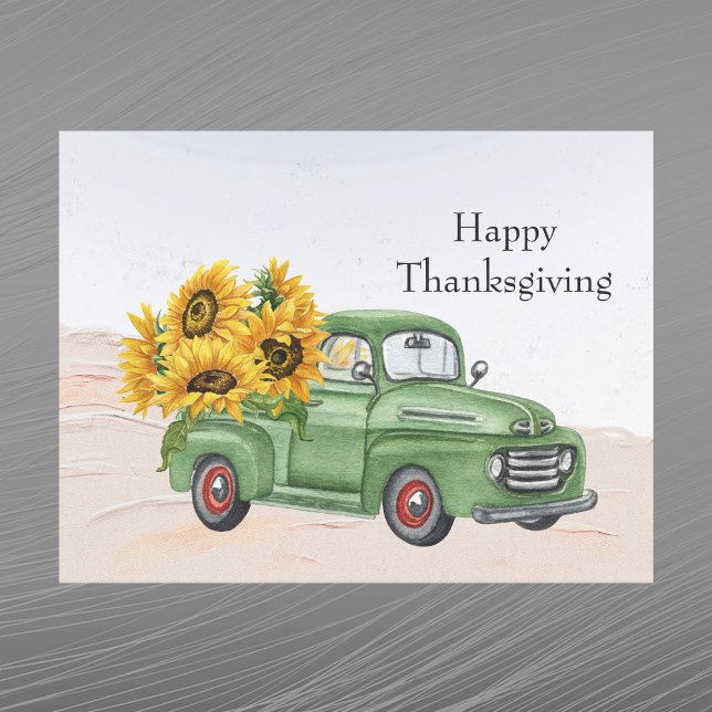 Vintager Grüner LKW Sonnenblumen Erntedank Feiertagspostkarte (Von Creator hochgeladen)
