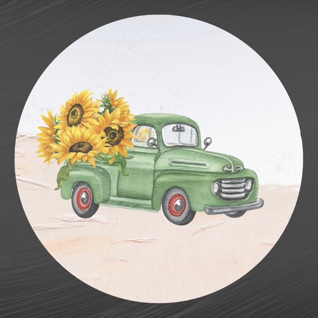 Vintager Grüner LKW Sonnenblumen Runder Aufkleber (Von Creator hochgeladen)