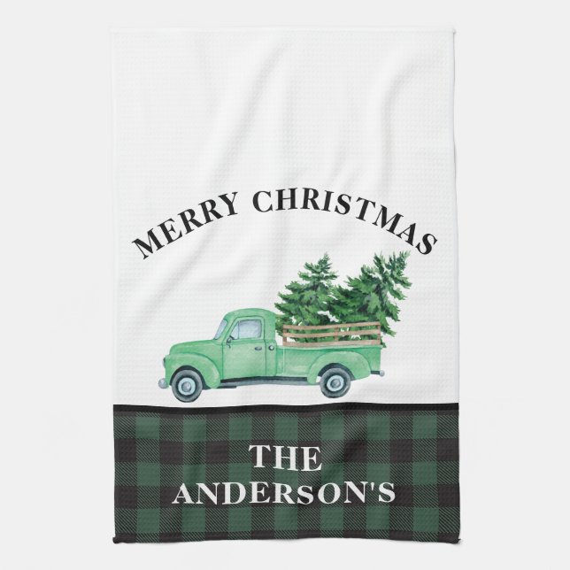 Vintager Grüner LKW Weihnachtsbaum Kariert Bauernh Geschirrtuch (Vertikal)