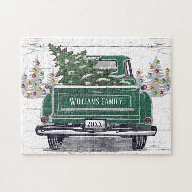 Vintager grüner LKW Weihnachtsbaum Name Rustikal (Horizontal)