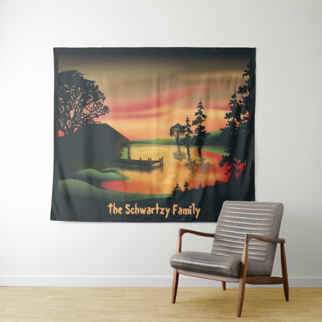 Vintager grüner Orangenrot - Sonnenuntergang Wandteppich (Beispiel (Horizontal))