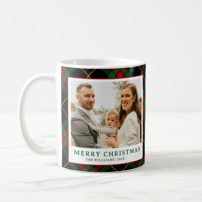 Vintager grüner Tartan Kariertes Foto Weihnachten Kaffeetasse (Links)