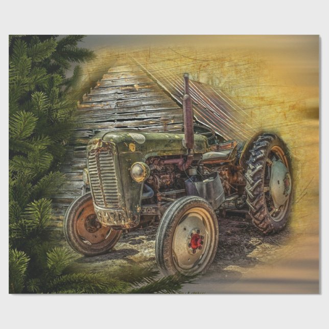 Vintager grüner Traktor Rustikaler alter Stall Geschenkpapier (Flach)