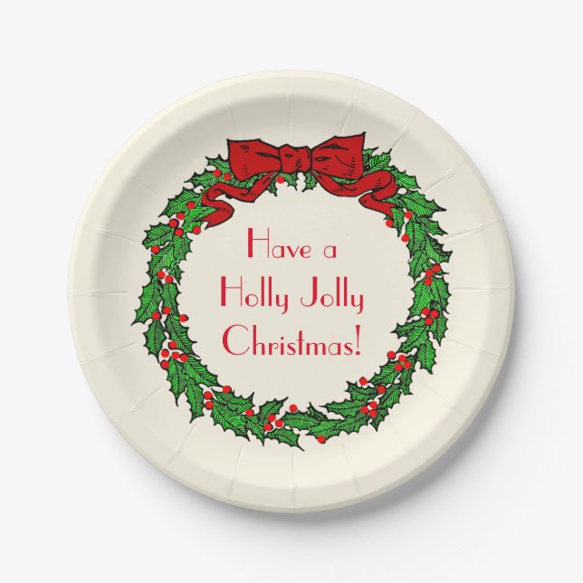 Vintager Grüner Weihnachtskranz mit Rotem Bow Pappteller (Vorderseite)