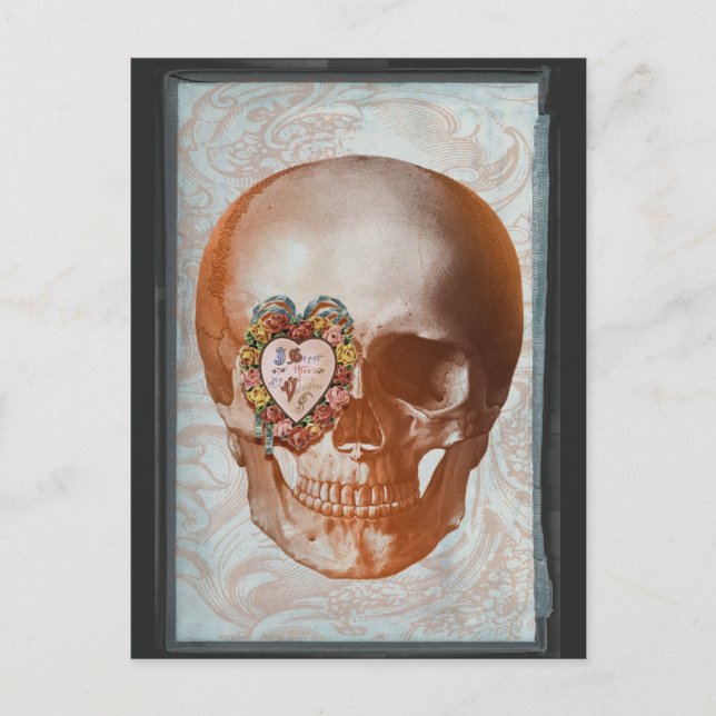 Vintager Grungevalentine-Schädel-gotisches Herz Feiertagspostkarte (Vorderseite)