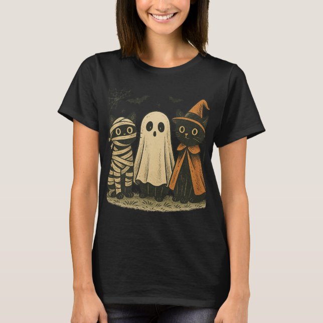 Vintager Halloween Black Cat Trio T - Shirt | Nied (Vorderseite)