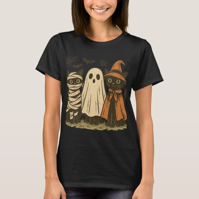 Vintager Halloween Black Cat Trio T - Shirt | Nied (Vorderseite)