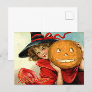 Vintager Halloween-Hexenkürbis Feiertagspostkarte