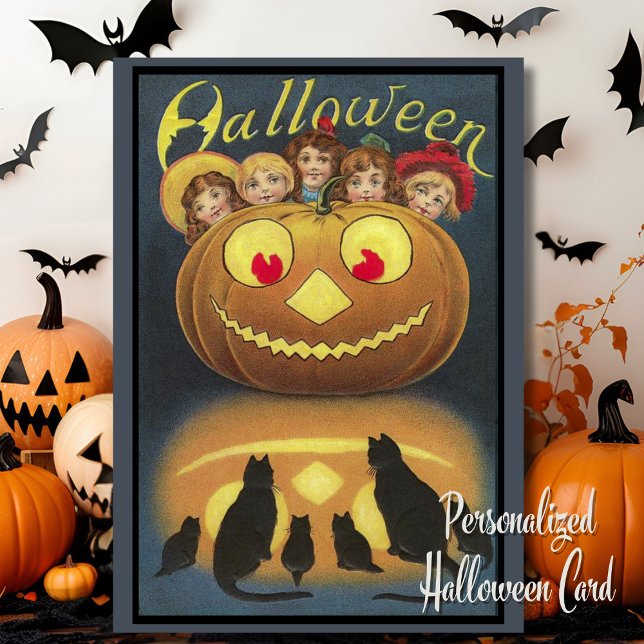 Vintager Halloween-Kürbis für Kinder Feiertagskarte (Vintage Halloween Pumpkin with Children Custom Card with editable message. Just add your name!)