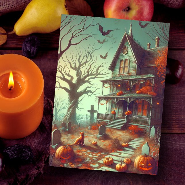 Vintager Halloween Spuk House Fall Feiertagskarte (Von Creator hochgeladen)