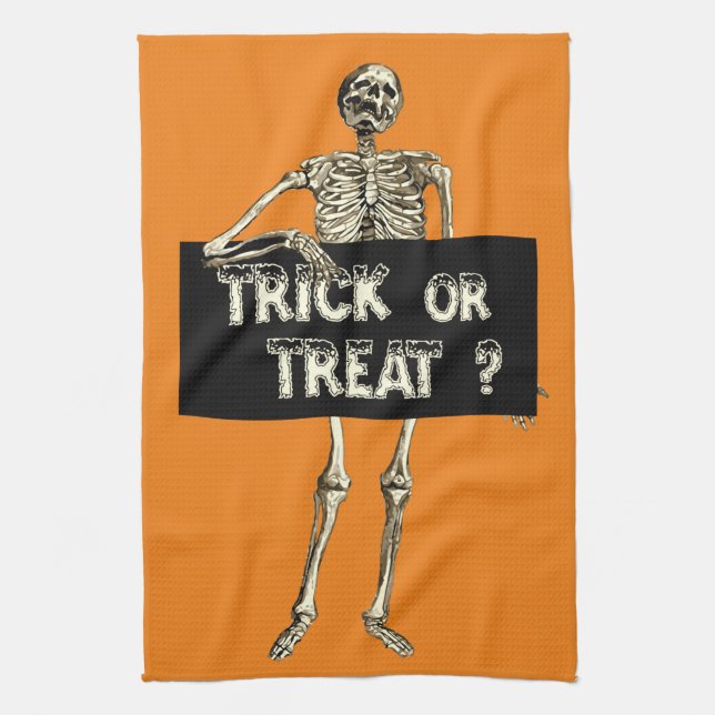 Vintager Halloween Trick oder Treat Skelett Geschirrtuch (Vertikal)