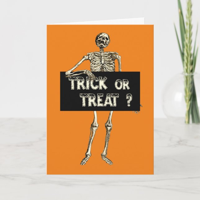Vintager Halloween Trick oder Treat Skelett Karte (Vorderseite)