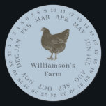 Vintager Haltungsbetrieb umschlossen Datum der Eie Runder Aufkleber<br><div class="desc">Rustikale und einfache Hühnereier-Etiketten mit Ihrem Firmennamen in schwarz moderner Typografie auf einem rendez vous blauen Hintergrund zeichnen sich durch einen stilvollen Vintagen Hühnerdruck aus. Fügen Sie einfach den Namen Ihres Hausmeisters in das Etikett ein und umkreisen Sie das korrekte Datum Ihrer frischen Eier. Exklusiv für Sie entworfen von Happy...</div>