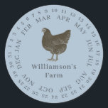 Vintager Haltungsbetrieb umschlossen Datum der Eie Runder Aufkleber<br><div class="desc">Rustikale und einfache Hühnereier-Etiketten mit Ihrem Firmennamen in schwarz moderner Typografie auf einem rendez vous blauen Hintergrund zeichnen sich durch einen stilvollen Vintagen Hühnerdruck aus. Fügen Sie einfach den Namen Ihres Hausmeisters in das Etikett ein und umkreisen Sie das korrekte Datum Ihrer frischen Eier. Exklusiv für Sie entworfen von Happy...</div>