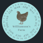 Vintager Haltungsbetrieb umschlossen Datum der Eie Runder Aufkleber<br><div class="desc">Rustikale und einfache Hühnereier-Etiketten mit Ihrem Firmennamen in dunkelschwarzer, moderner Typografie auf türkisblauem Hintergrund mit einem stilvollen Vintagen Hühnerprint. Fügen Sie einfach den Namen Ihres Hausmeisters in das Etikett ein und umkreisen Sie das korrekte Datum Ihrer frischen Eier. Exklusiv für Sie entworfen von Happy Dolphin Studio. Wenn Sie Hilfe oder...</div>