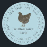 Vintager Haltungsbetrieb umschlossen Datum der Eie Runder Aufkleber<br><div class="desc">Rustikale und einfache Hühnereier-Etiketten mit Ihrem Firmennamen in dunkelschwarzer, moderner Typografie auf blauem glänzenden Hintergrund zeichnen sich durch einen stilvollen Vintagen Hühnerdruck aus. Fügen Sie einfach den Namen Ihres Hausmeisters in das Etikett ein und umkreisen Sie das korrekte Datum Ihrer frischen Eier. Exklusiv für Sie entworfen von Happy Dolphin Studio....</div>
