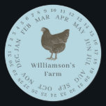 Vintager Haltungsbetrieb umschlossen Datum der Eie Runder Aufkleber<br><div class="desc">Rustikale und einfache Hühnereier-Etiketten mit Ihrem Firmennamen in dunkelschwarzer, moderner Typografie auf blauem glänzenden Hintergrund zeichnen sich durch einen stilvollen Vintagen Hühnerdruck aus. Fügen Sie einfach den Namen Ihres Hausmeisters in das Etikett ein und umkreisen Sie das korrekte Datum Ihrer frischen Eier. Exklusiv für Sie entworfen von Happy Dolphin Studio....</div>