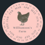 Vintager Haltungsbetrieb umschlossen Datum Eierkar Runder Aufkleber<br><div class="desc">Rustikale und einfache Hühnereier-Etiketten mit Ihrem Firmennamen in cremefarbener, moderner Typografie auf rosafarbenem Hintergrund mit einem stilvollen Vintagen Hühnerprint. Fügen Sie einfach den Namen Ihres Hausmeisters in das Etikett ein und umkreisen Sie das korrekte Datum Ihrer frischen Eier. Exklusiv für Sie entworfen von Happy Dolphin Studio. Wenn Sie Hilfe oder...</div>