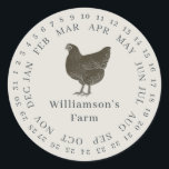 Vintager Haltungsbetrieb umschlossen Datum Eierkar Runder Aufkleber<br><div class="desc">Rustikale und einfache Hühnereier-Etiketten mit Ihrem Firmennamen in schwarz moderner Typografie auf einem Origami-grauen Hintergrund zeichnen sich durch einen stilvollen Vintagen Hühnerdruck aus. Fügen Sie einfach den Namen Ihres Hausmeisters in das Etikett ein und umkreisen Sie das korrekte Datum Ihrer frischen Eier. Exklusiv für Sie entworfen von Happy Dolphin Studio....</div>