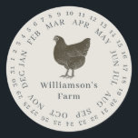 Vintager Haltungsbetrieb umschlossen Datum Eierkar Runder Aufkleber<br><div class="desc">Rustikale und einfache Hühnereier-Etiketten mit Ihrem Firmennamen in schwarz moderner Typografie auf einem Origami-grauen Hintergrund zeichnen sich durch einen stilvollen Vintagen Hühnerdruck aus. Fügen Sie einfach den Namen Ihres Hausmeisters in das Etikett ein und umkreisen Sie das korrekte Datum Ihrer frischen Eier. Exklusiv für Sie entworfen von Happy Dolphin Studio....</div>
