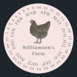 Vintager Haltungsbetrieb umschlossen Datum Eierkar Runder Aufkleber<br><div class="desc">Rustikale und einfache Hühnereier-Etiketten mit Ihrem Firmennamen in cremefarbener, moderner Typografie auf pastellrosa Hintergrund mit einem stilvollen Vintagen Hühnerprint. Fügen Sie einfach den Namen Ihres Hausmeisters in das Etikett ein und umkreisen Sie das korrekte Datum Ihrer frischen Eier. Exklusiv für Sie entworfen von Happy Dolphin Studio. Wenn Sie Hilfe oder...</div>