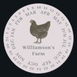 Vintager Haltungsbetrieb umschlossen Datum Eierkar Runder Aufkleber<br><div class="desc">Rustikale und einfache Hühnereier-Etiketten mit Ihrem Firmennamen in cremefarbener, moderner Typografie auf pastellfarbenem lila Hintergrund mit einem stilvollen Vintagen Hühnerprint. Fügen Sie einfach den Namen Ihres Hausmeisters in das Etikett ein und umkreisen Sie das korrekte Datum Ihrer frischen Eier. Exklusiv für Sie entworfen von Happy Dolphin Studio. Wenn Sie Hilfe...</div>