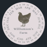 Vintager Haltungsbetrieb umschlossen Datum Eierkar Runder Aufkleber<br><div class="desc">Rustikale und einfache Hühnereier-Etiketten mit Ihrem Firmennamen in cremefarbener, moderner Typografie auf pastellfarbenem lila Hintergrund mit einem stilvollen Vintagen Hühnerprint. Fügen Sie einfach den Namen Ihres Hausmeisters in das Etikett ein und umkreisen Sie das korrekte Datum Ihrer frischen Eier. Exklusiv für Sie entworfen von Happy Dolphin Studio. Wenn Sie Hilfe...</div>