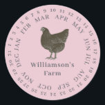 Vintager Haltungsbetrieb umschlossen Datum Eierkar Runder Aufkleber<br><div class="desc">Rustikale und einfache Hühnereier-Etiketten mit Ihrem Firmennamen in cremefarbener, moderner Typografie auf einem parfait-rosa Hintergrund zeichnen sich durch einen stilvollen Vintagen Hühnerdruck aus. Fügen Sie einfach den Namen Ihres Hausmeisters in das Etikett ein und umkreisen Sie das korrekte Datum Ihrer frischen Eier. Exklusiv für Sie entworfen von Happy Dolphin Studio....</div>