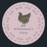 Vintager Haltungsbetrieb umschlossen Datum Eierkar Runder Aufkleber<br><div class="desc">Rustikale und einfache Hühnereier-Etiketten mit Ihrem Firmennamen in cremefarbener, moderner Typografie auf pastellfarbenem lila Hintergrund mit einem stilvollen Vintagen Hühnerprint. Fügen Sie einfach den Namen Ihres Hausmeisters in das Etikett ein und umkreisen Sie das korrekte Datum Ihrer frischen Eier. Exklusiv für Sie entworfen von Happy Dolphin Studio. Wenn Sie Hilfe...</div>