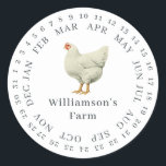 Vintager Haltungsbetrieb umschlossen Datum weißer  Runder Aufkleber<br><div class="desc">Rustikale und einfache Hühnereier-Etiketten mit Ihrem Firmennamen in schwarz moderner Typografie auf weißem Hintergrund mit einem stilvollen Vintagen Hühnerprint. Fügen Sie einfach den Namen Ihres Hausmeisters in das Etikett ein und umkreisen Sie das korrekte Datum Ihrer frischen Eier. Exklusiv für Sie entworfen von Happy Dolphin Studio. Wenn Sie Hilfe oder...</div>