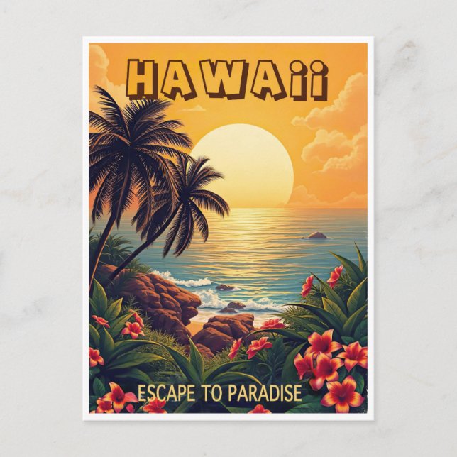 Vintager Hawaii Ocean Beach Retro Blumenreise Postkarte (Vorderseite)