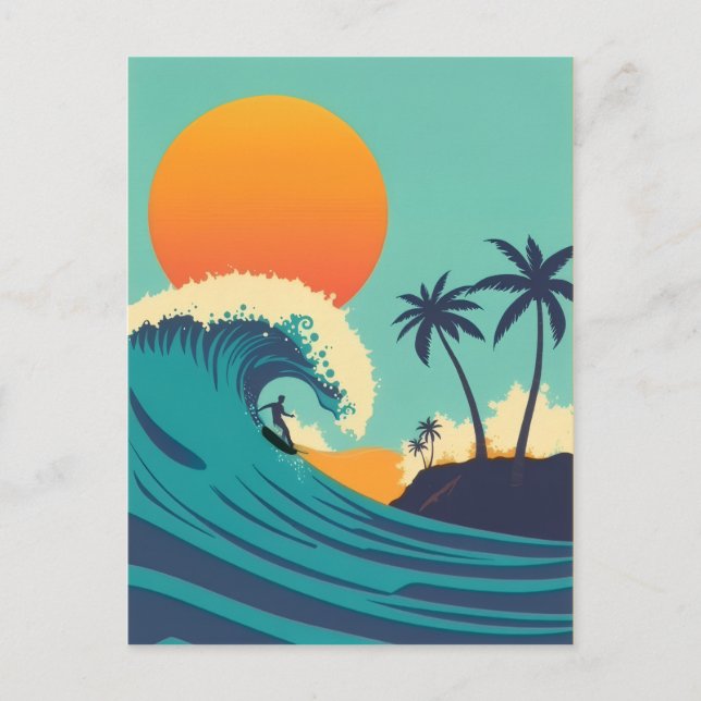 Vintager Hawaii Surfing Sunset & Waves Travel Postkarte (Vorderseite)