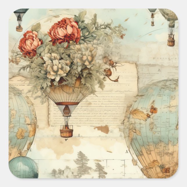 Vintager Heißluftballon in einer Serenlandschaft ( Quadratischer Aufkleber (Vorderseite)