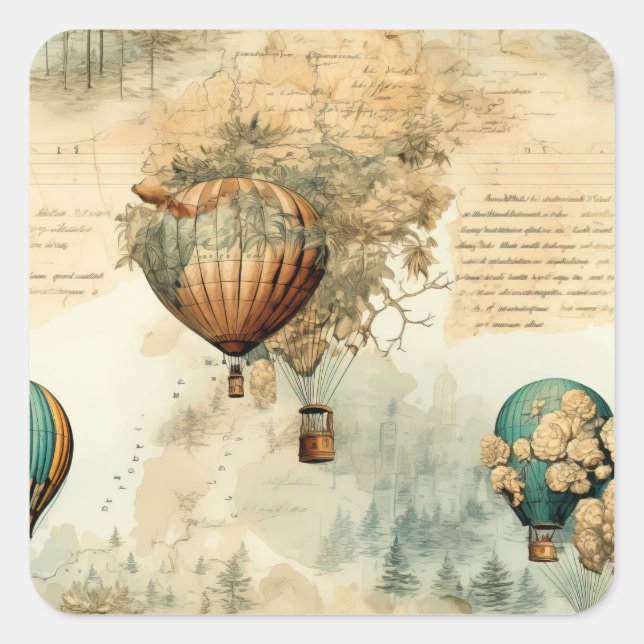 Vintager Heißluftballon in einer Serenlandschaft ( Quadratischer Aufkleber (Vorderseite)